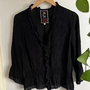Johnny Was Black Floral Embroidered Blouse